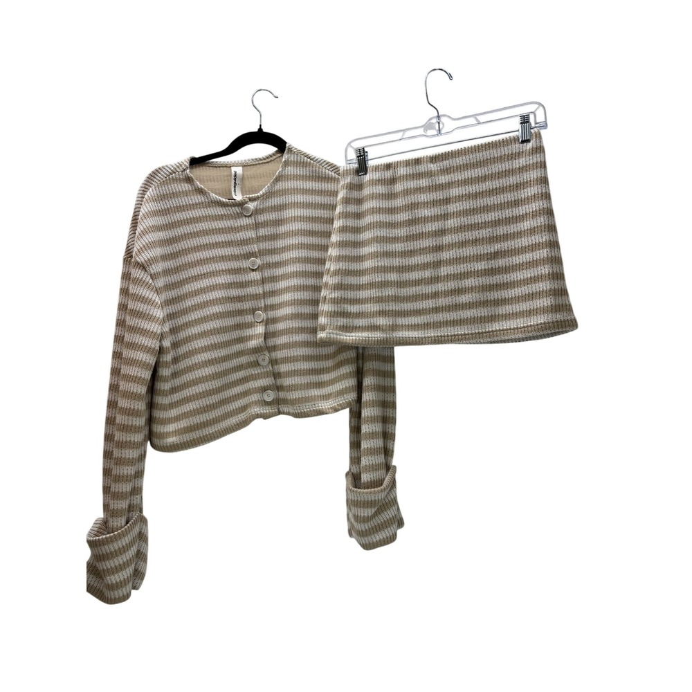 Missguided Womens Beige White Striped Knit Cardigan and Mini Skirt Set Size M
